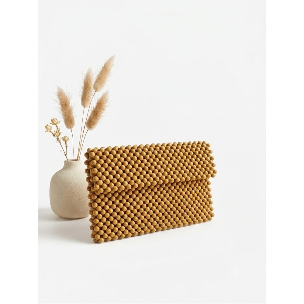 Vintage‎ 70s Beaded Envelope Clutch Purse Nude Tan Retro Handbag 7x4